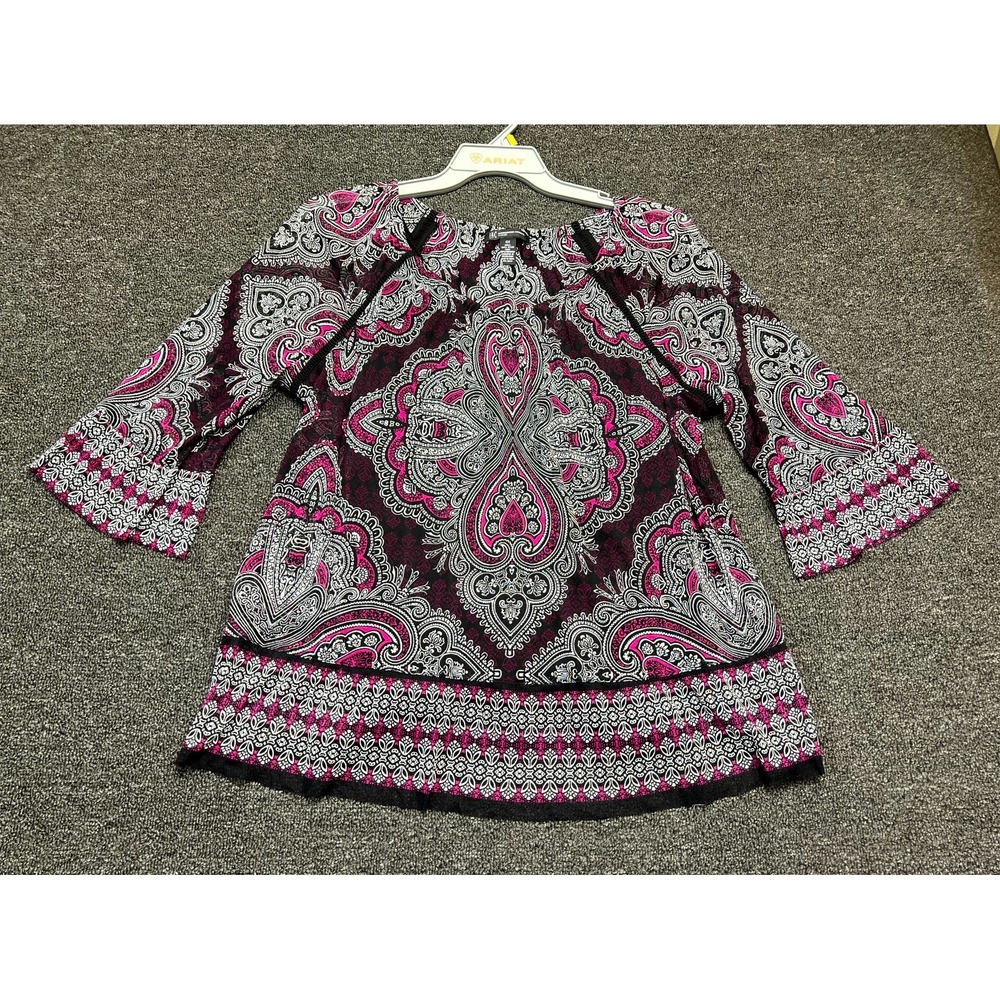INC International Concepts Blouse Top Womens 0X Black Pink Paisley Boho Layered